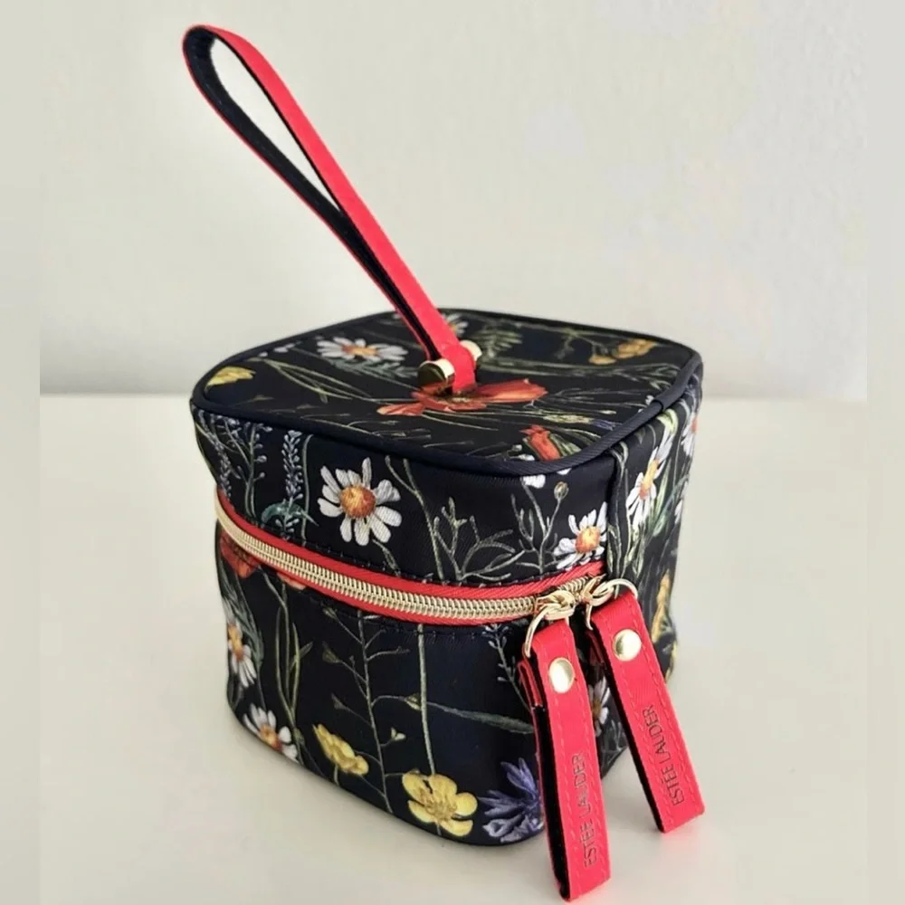 Estee Lauder Floral Print Double Zip Orange Top Handle Wristlet Mini Square Bag